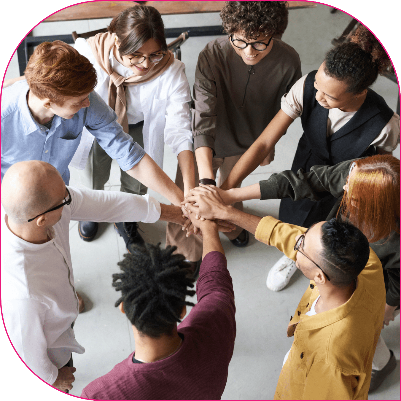 Team Huddle with all hands in the center